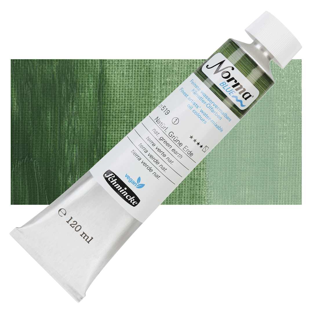 Open in modal - Schmincke Norma Blue Water-Mixable Oil Paint - Natural Green Earth, 120 ml tube and swatch