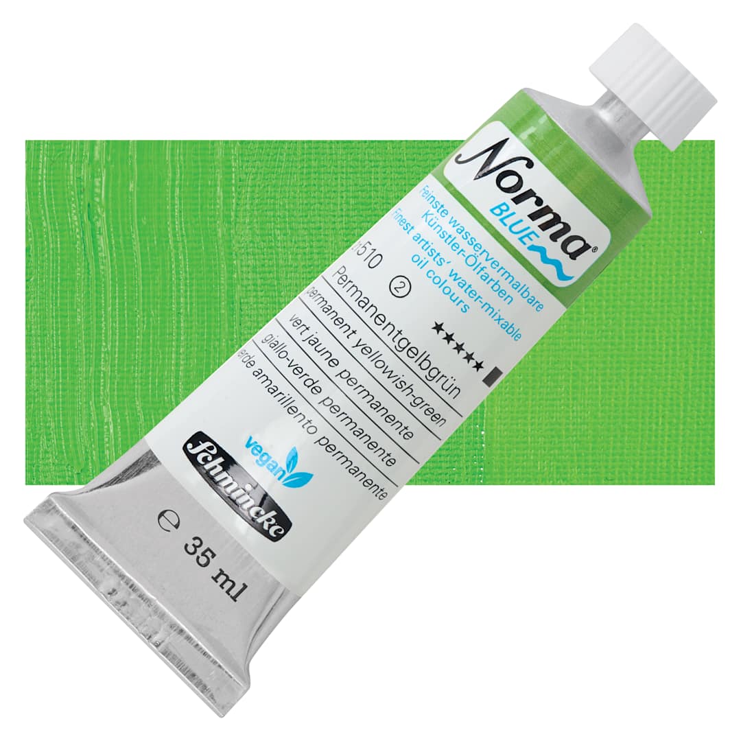 Open in modal - Schmincke Norma Blue Water-Mixable Oil Paint - Permanent Yellowish-Green, 35 ml, tube and swatch