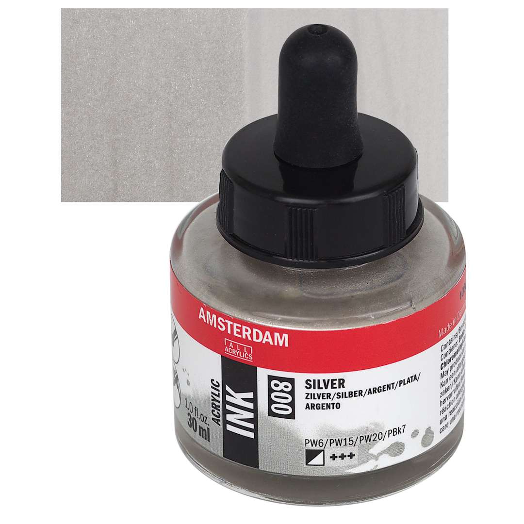 Open in modal - Amsterdam Acrylic Ink - Silver, 30 ml bottle and swatch