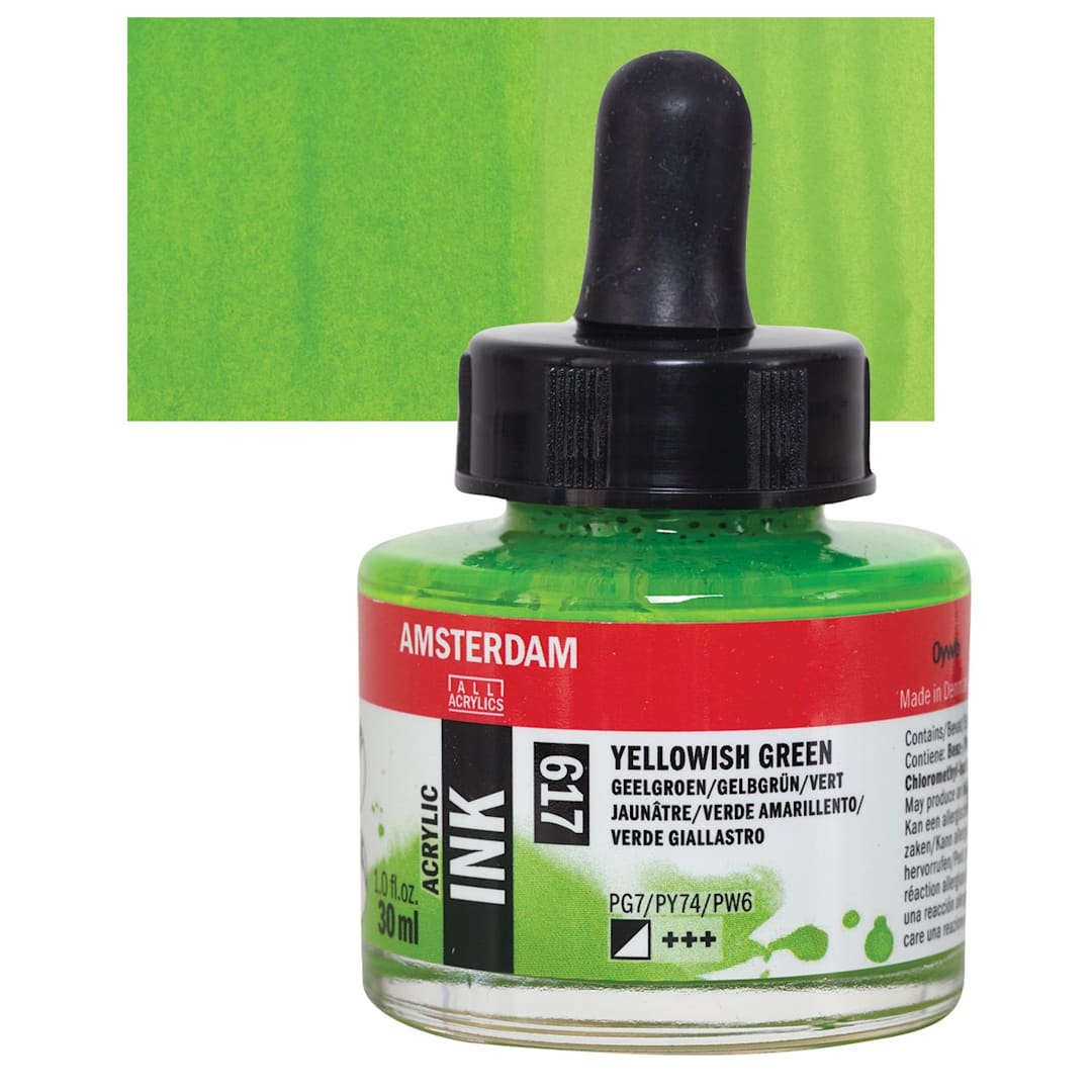 Open in modal - Amsterdam Acrylic Ink - Yellowish Green, 30 ml bottle and swatch
