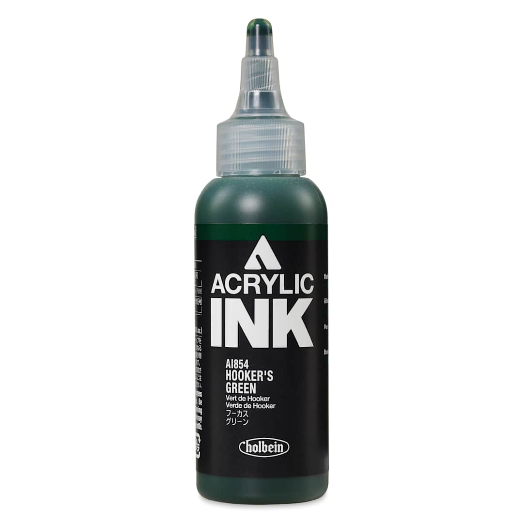 Open in modal - Holbein Acrylic Ink - Hooker's Green, 100 ml, front of the bottle
