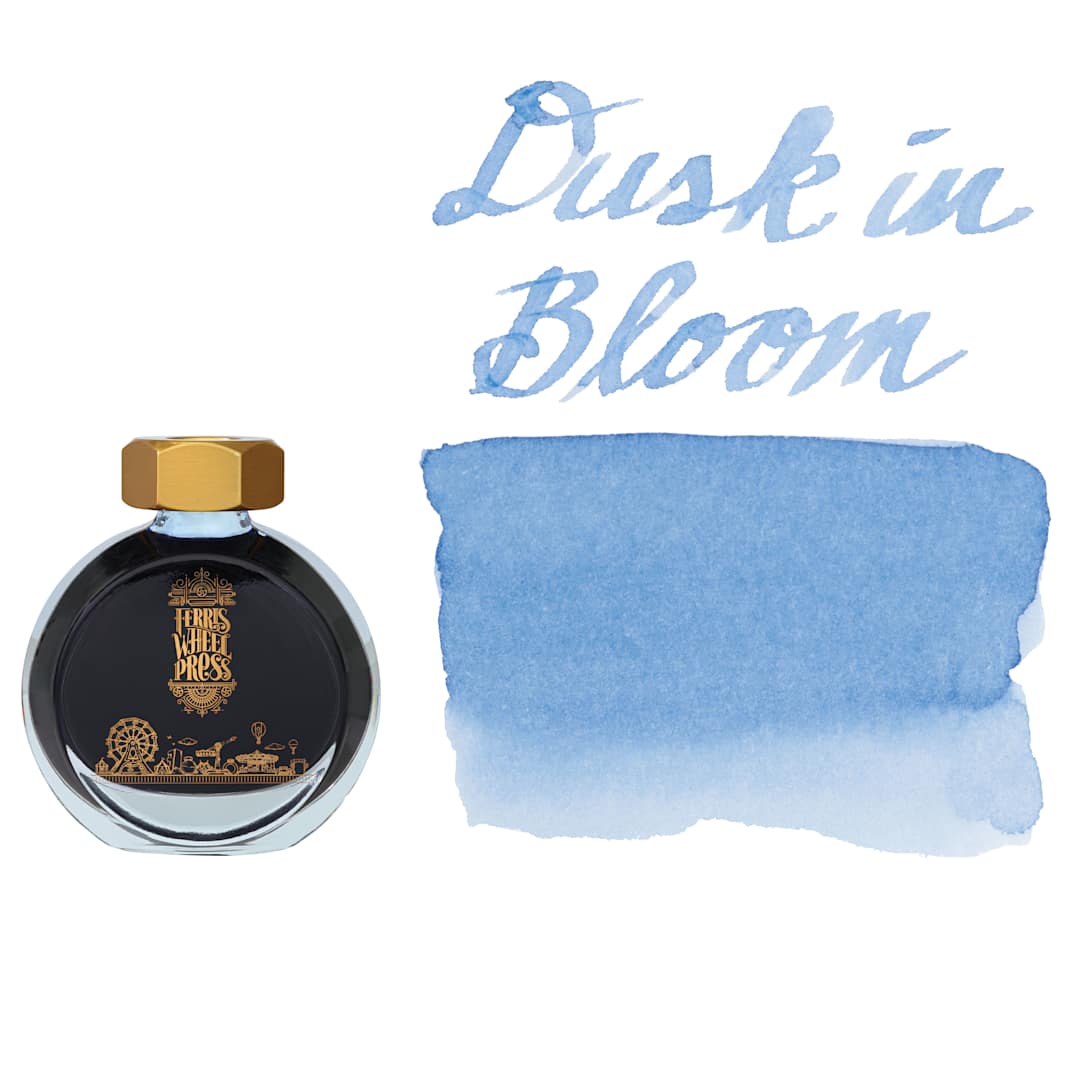 Open in modal - Ferris Wheel Press Fountain Pen Ink - Dusk In Bloom, swatch and bottle