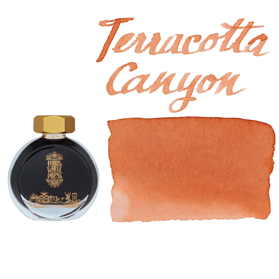 Open in modal - Ferris Wheel Press Fountain Pen Ink - Terracotta Canyon, swatch and bottle