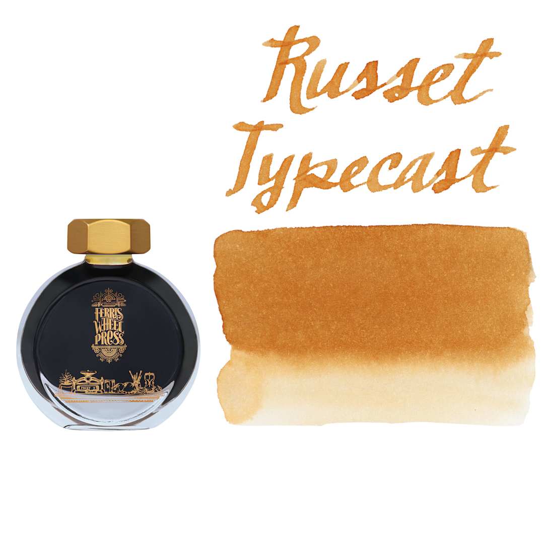 Open in modal - Ferris Wheel Press Fountain Pen Ink - Russet Typecase, swatch and bottle
