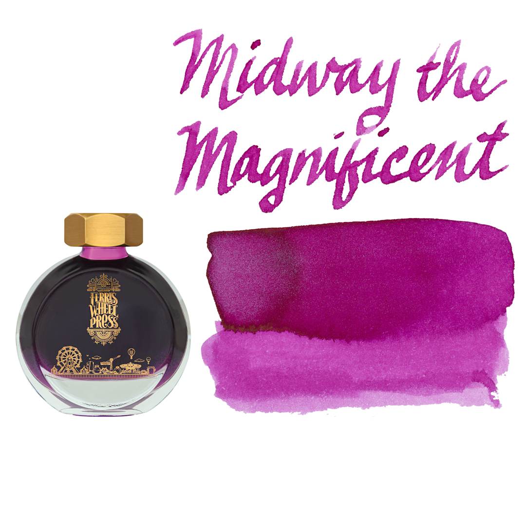 Open in modal - Ferris Wheel Press Fountain Pen Ink - Midway the Magnificent, swatch and bottle