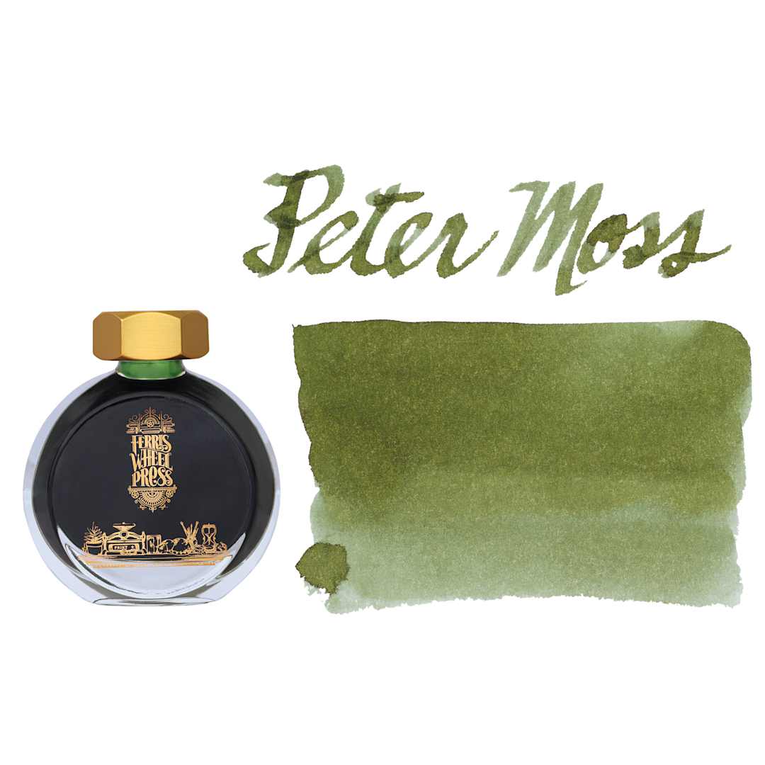 Open in modal - Ferris Wheel Press Fountain Pen Ink - Peter Moss, swatch and bottle