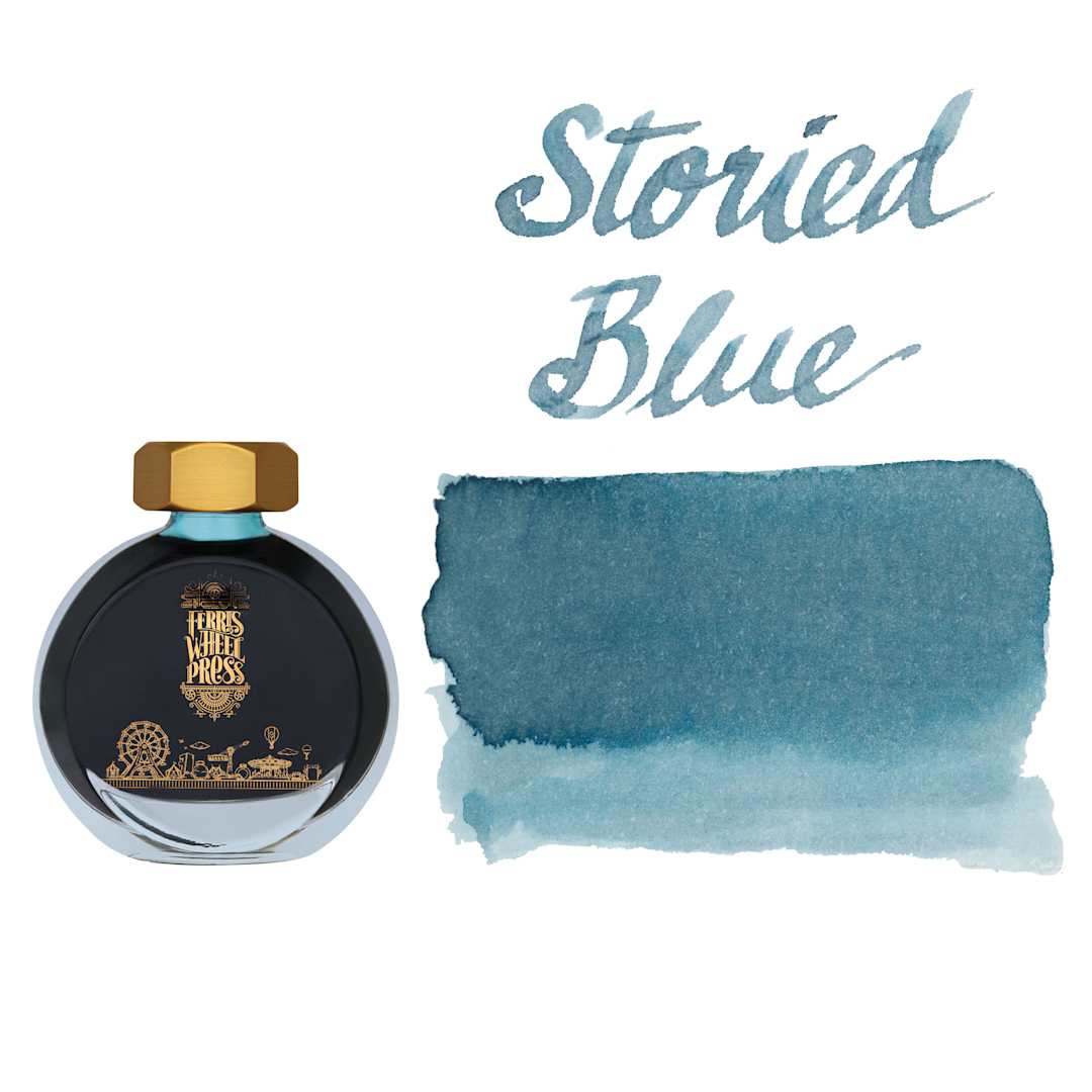 Open in modal - Ferris Wheel Press Fountain Pen Ink - Storied Blue, swatch and bottle