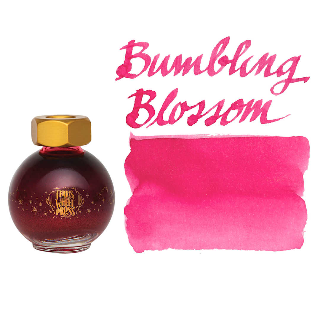 Open in modal - Ferris Wheel Press Ferritales Fountain Pen Ink - Bumbling Blossom, swatch and bottle