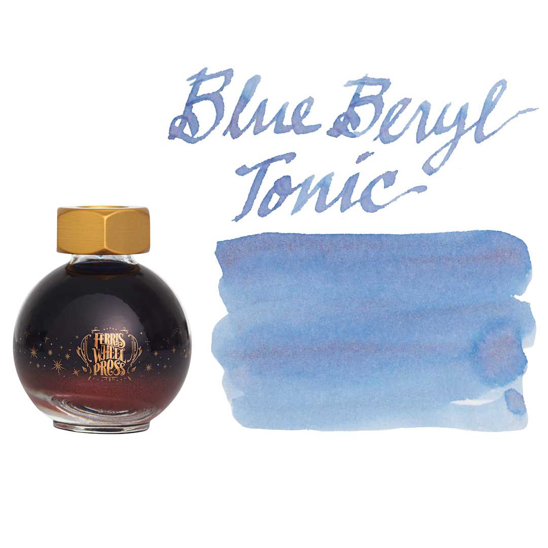 Open in modal - Ferris Wheel Press Ferritales Fountain Pen Ink - Blue Beryl Tonic, swatch and bottle