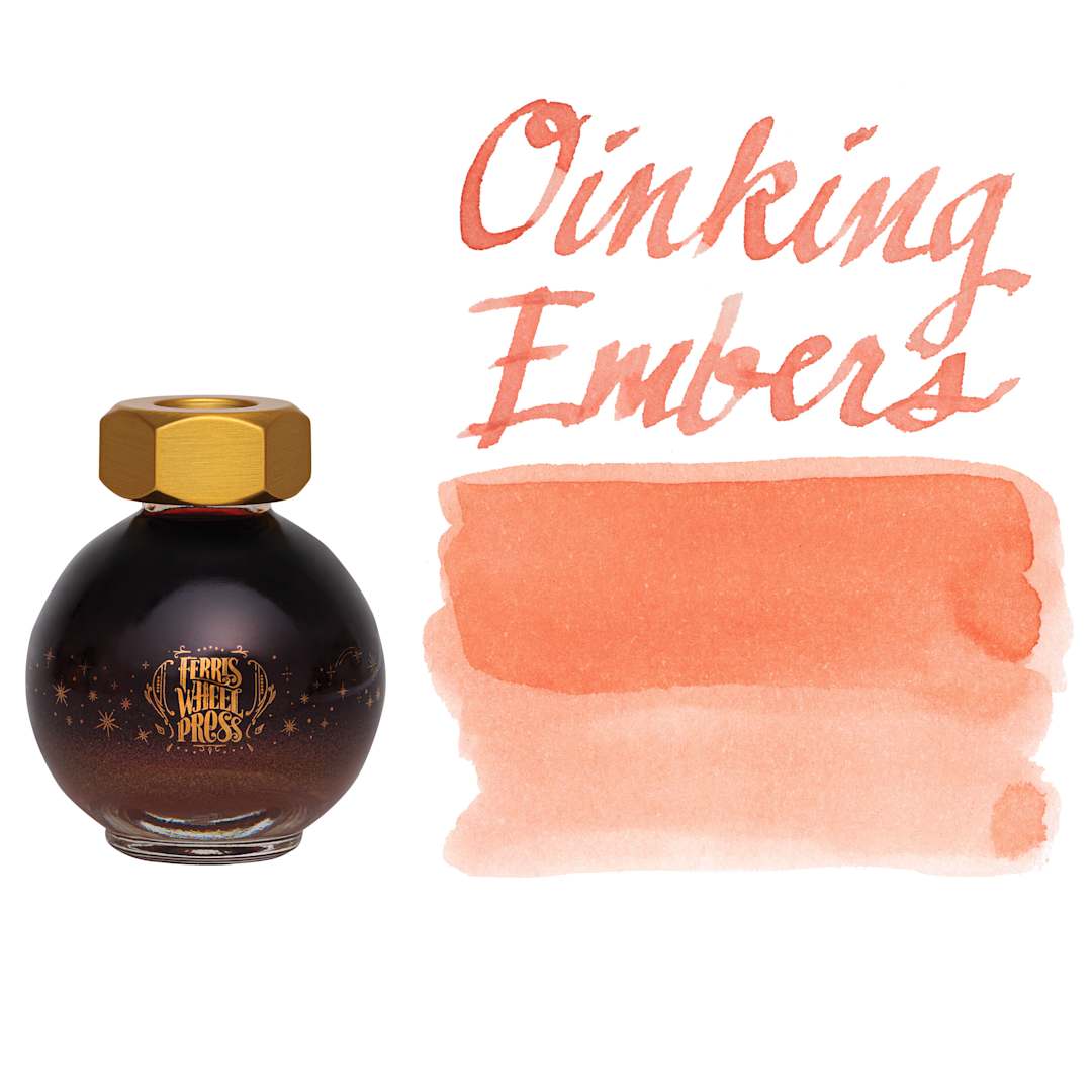 Open in modal - Ferris Wheel Press Ferritales Fountain Pen Ink - Oinking Embers, swatch and bottle