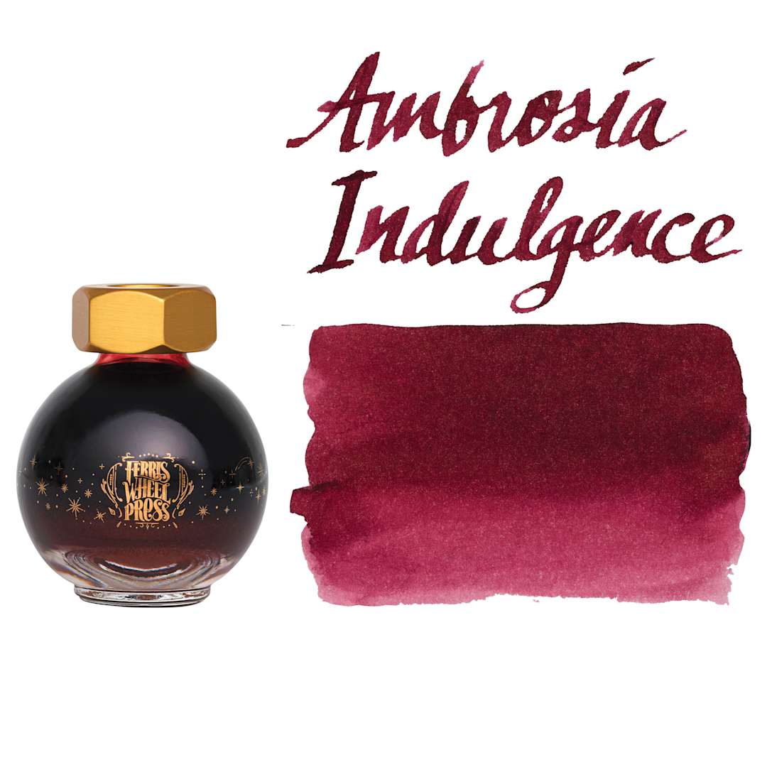 Open in modal - Ferris Wheel Press Ferritales Fountain Pen Ink - Ambrosia Indulgence, swatch and bottle