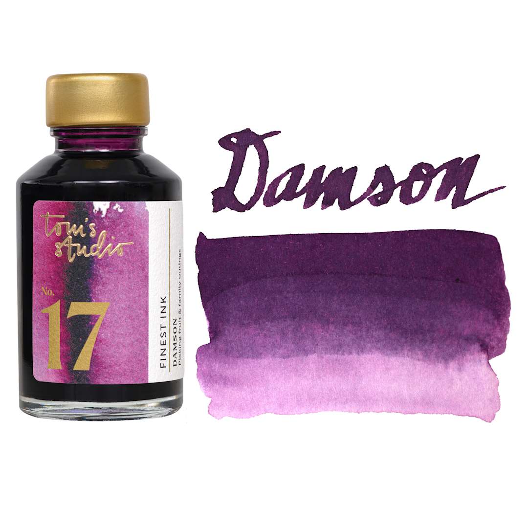 Open in modal - Tom's Studio Fountain Pen Ink - 50 ml, Damson, bottle with swatch