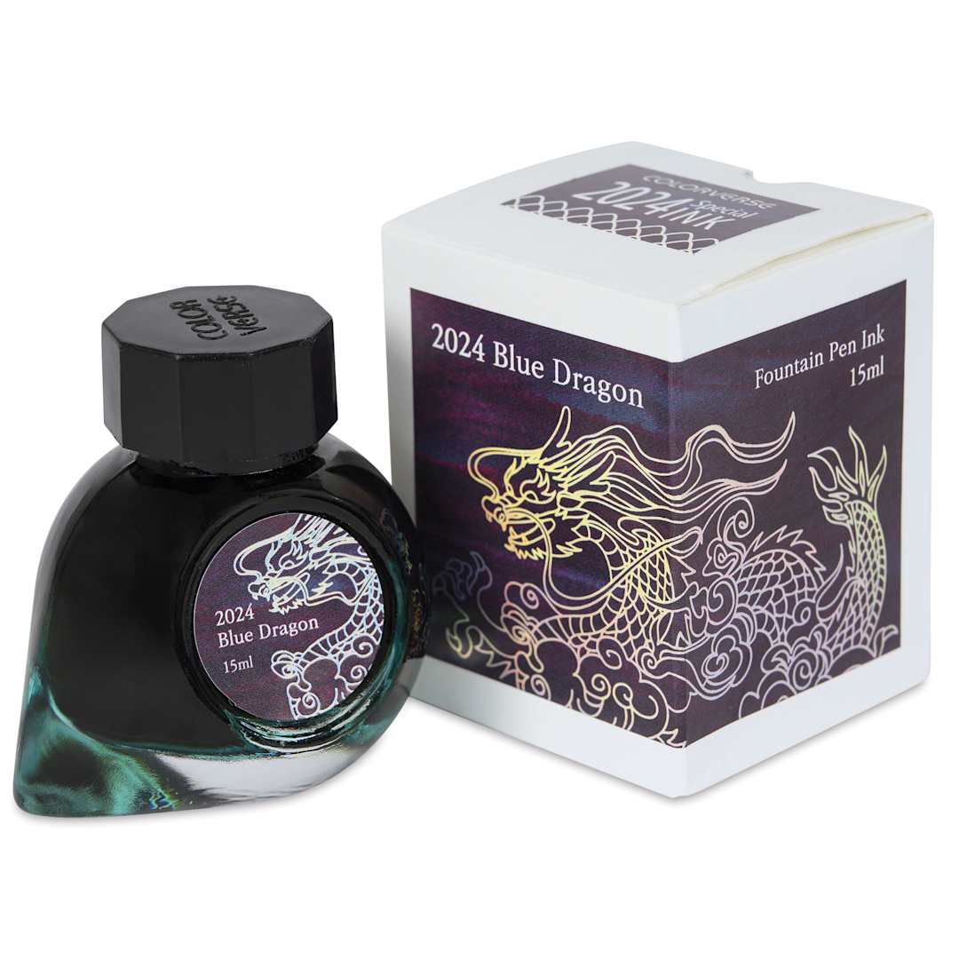 Open in modal - Colorverse Blue Dragon Fountain Pen Ink - Blue Standard, 15 ml, jar next to packaging box