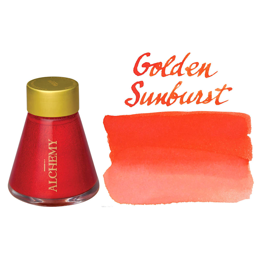 Open in modal - Endless Alchemy Fountain Pen Ink - Stardust Golden Sunburst, 45 ml bottle with swatch