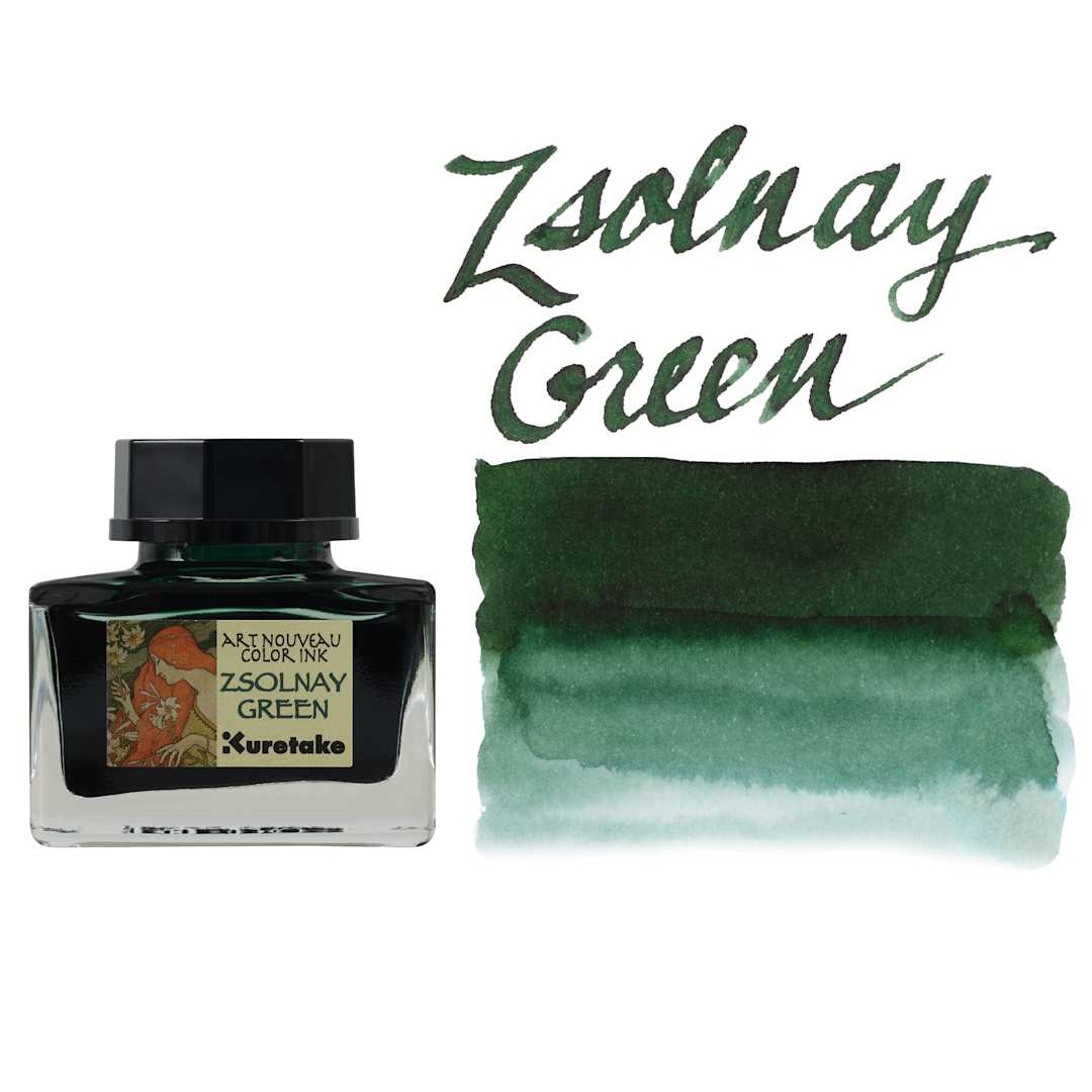 Open in modal - Kuretake Ink-Café Art Nouveau Ink - Zsolnay Green, 20 ml, bottle with swatch