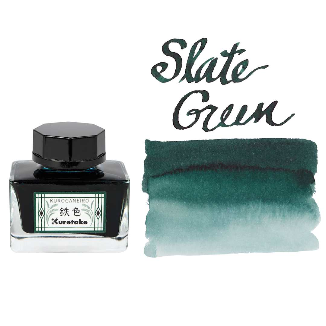 Open in modal - Kuretake Ink Cafe Meiji No Iro Pen Ink - 534 Slate Green (Kuroganeiro), swatch and jar