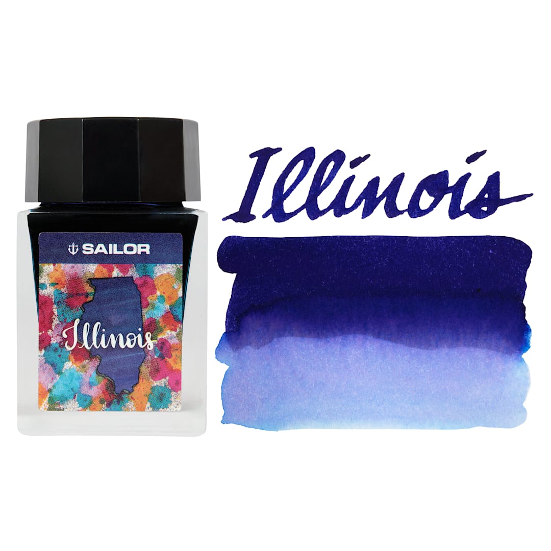 Open in modal - Sailor USA State Ink - Illinois, Blue, 20 ml, swatch and bottle