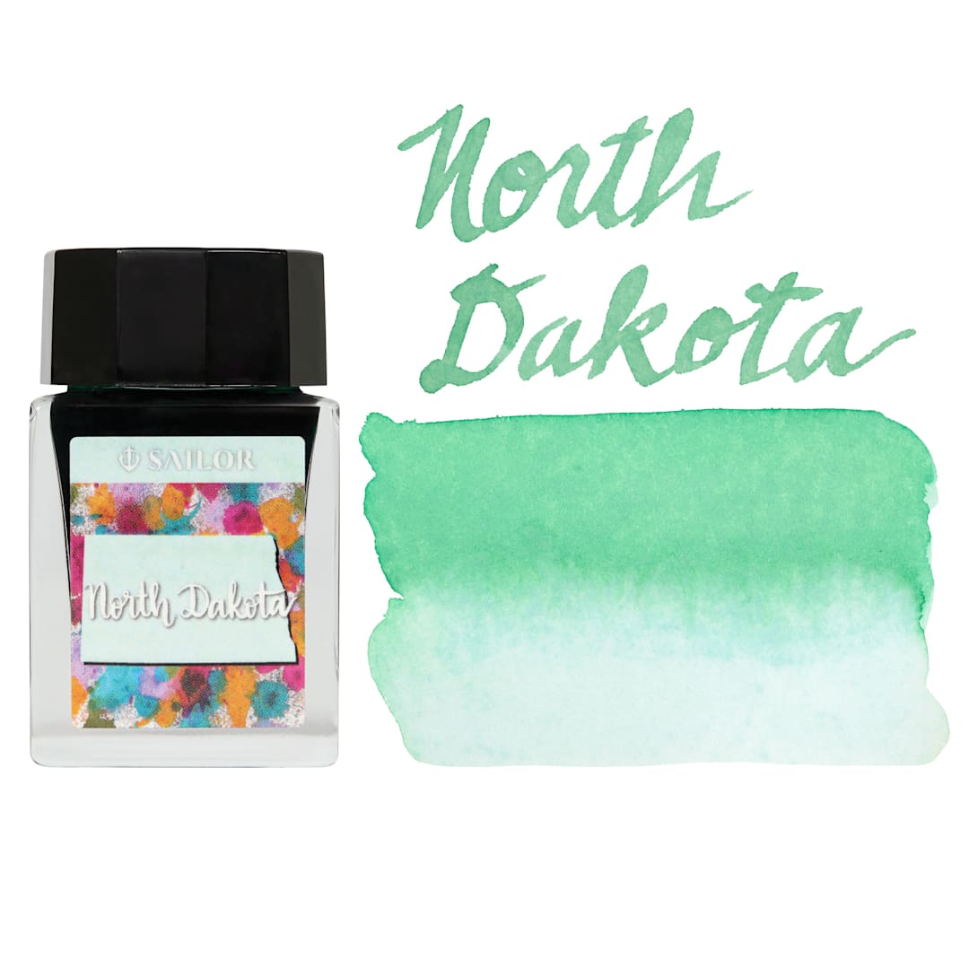 Open in modal - Sailor USA State Ink - North Dakota, Mint Green, 20 ml, swatch and bottle