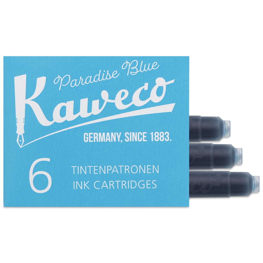 Open in modal - Kaweco Fountain Pen Ink Cartridges - Paradise Blue, three cartridges shown out of packaging