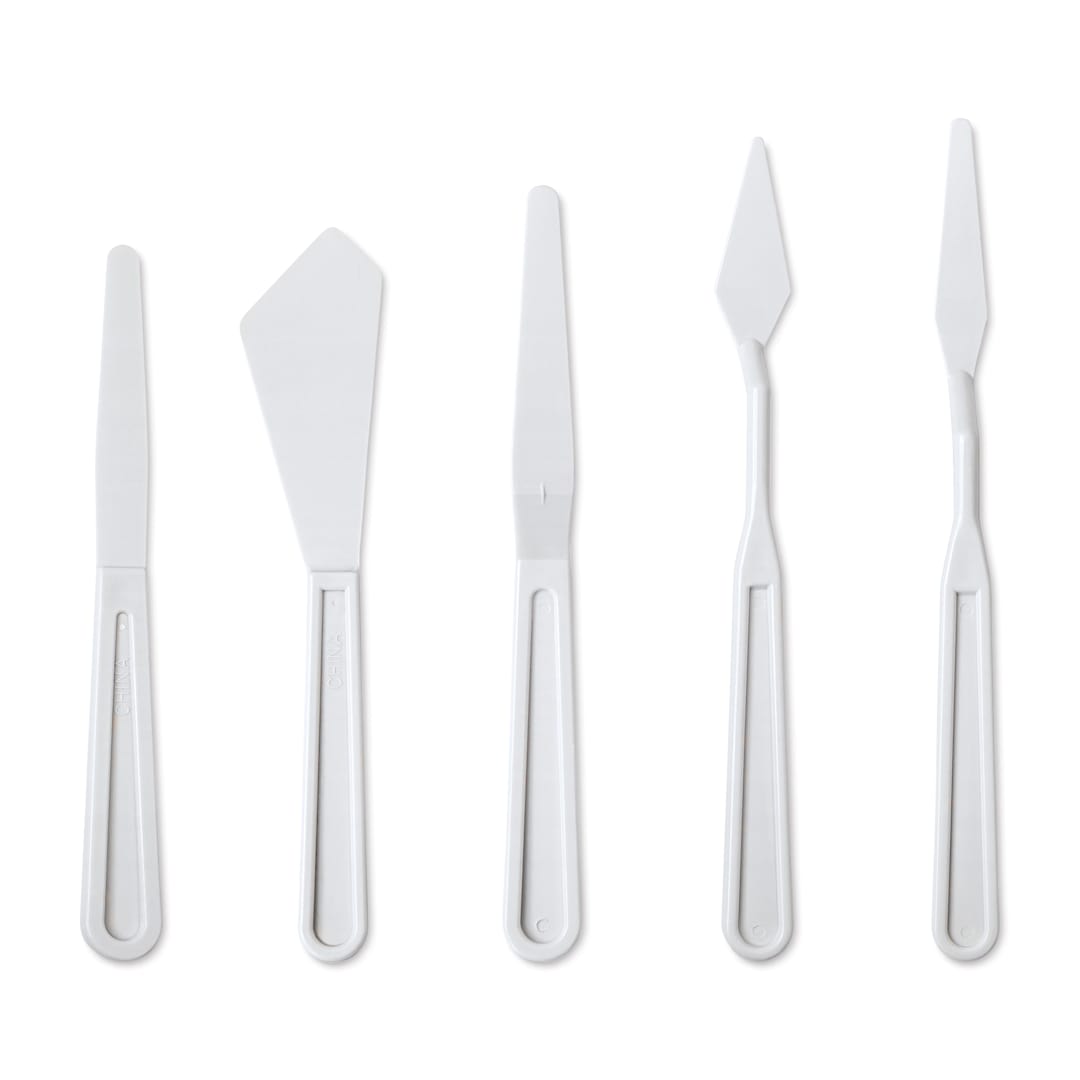Open in modal - Liquitex Basics Plastic Mixing Knives - Set of 5 Assorted knives shown upright
