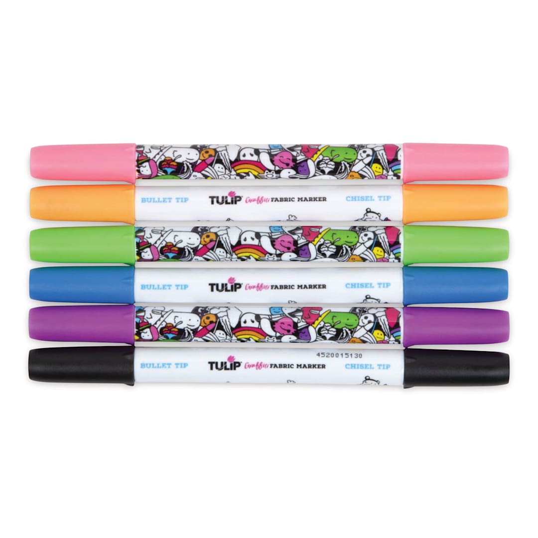 Open in modal - Tulip Graffiti Dual Tip Fabric Markers - Components of set of 6 Neon Markers shown horizontally