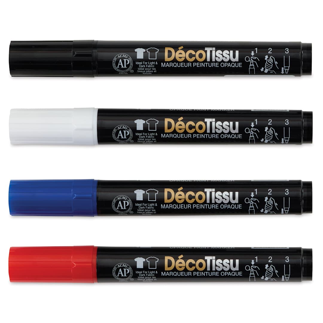 Open in modal - Marvy Uchida DecoFabric Opaque Paint Markers - Primary Colors, Set of 4, laid out with caps on