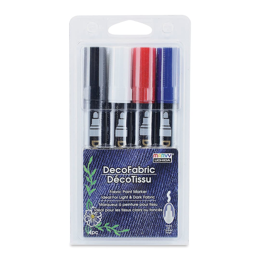Open in modal - Marvy Uchida DecoFabric Opaque Paint Markers - Primary Colors, Set of 4, front of the packaging