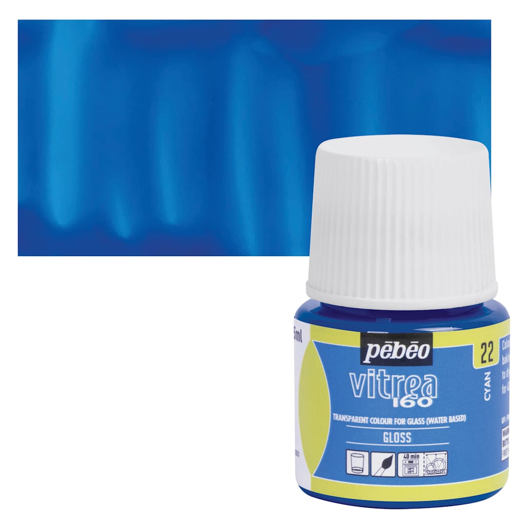 Open in modal - Pebeo Vitrea 160 Glass Paint - Cyan, Glossy, 45 ml bottle and swatch