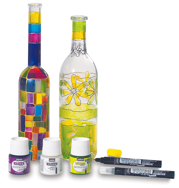 Open in modal - Pebeo Vitrea 160 Glass Paints - 3 Paints and 2 Markers (sold separately) shown with finished bottles