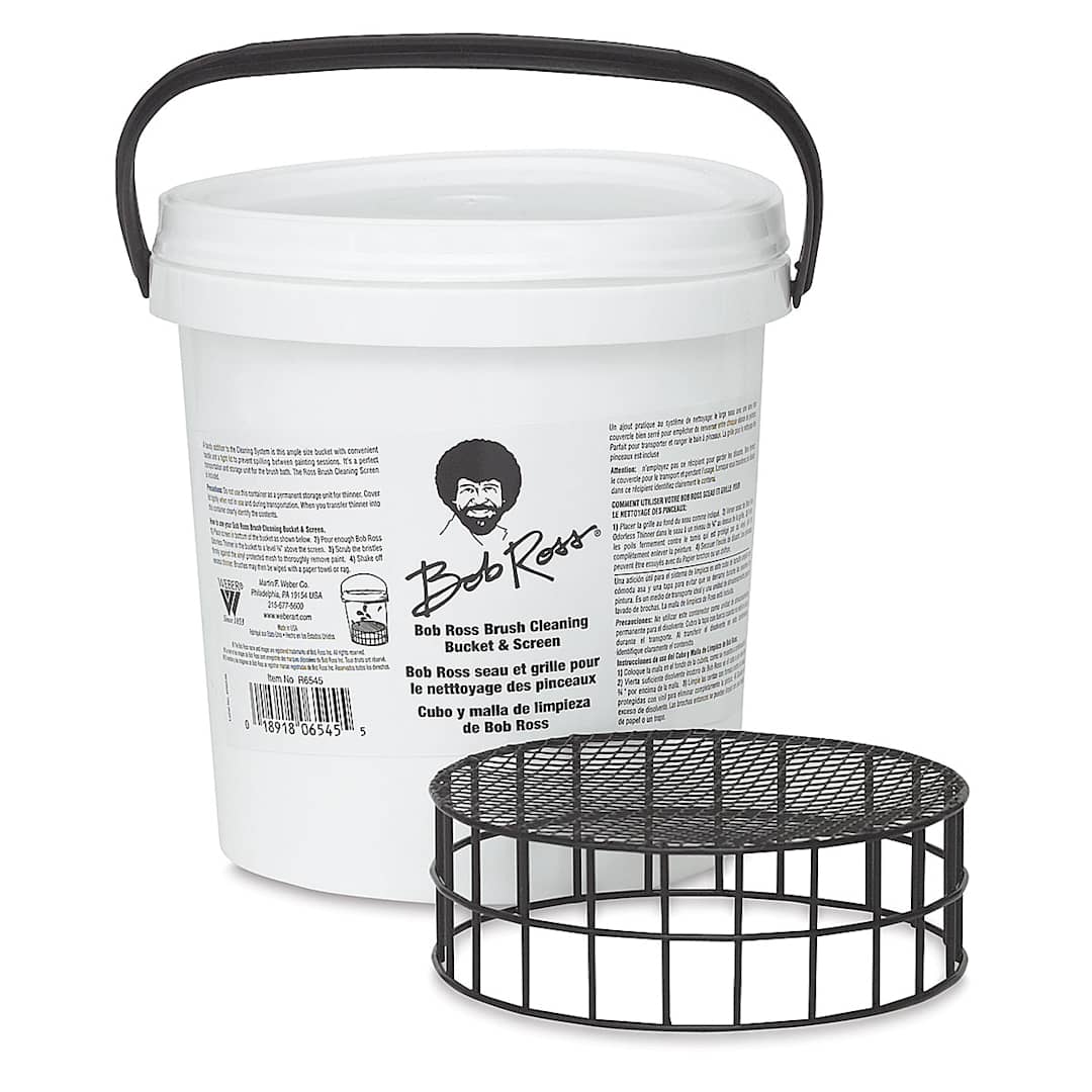 Open in modal - Bob Ross Brush Cleaning Bucket and Screen - Front view of Bucket with Cleaning Screen adjacent