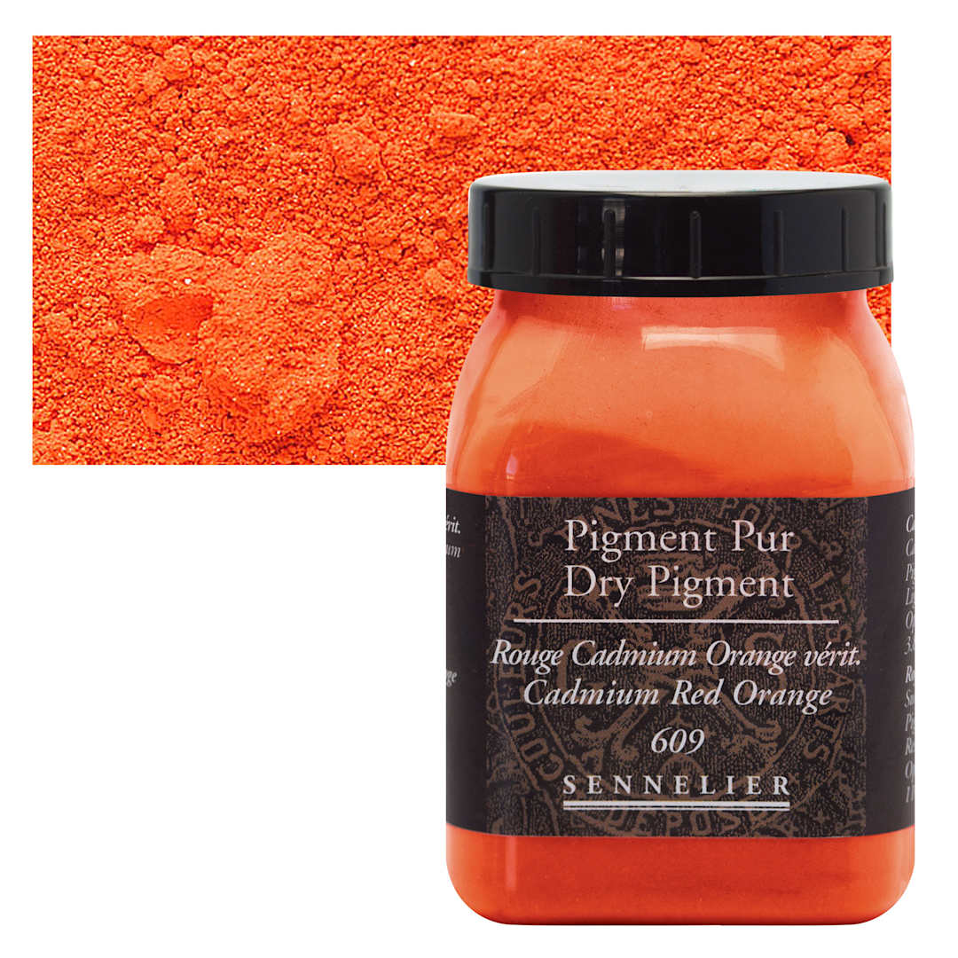 Open in modal - Sennelier Dry Pigment - Cadmium Red Orange, 110 g jar and swatch