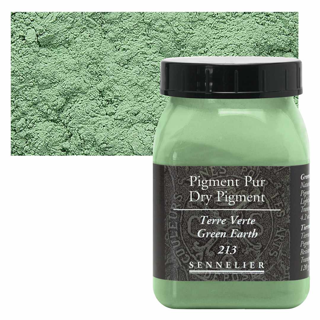 Open in modal - Sennelier Dry Pigment - Green Earth, 120 g jar and swatch