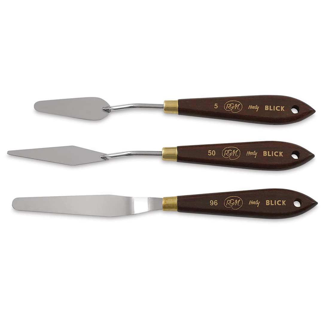 Open in modal - Blick Palette Knives by RGM-Starter Set of 3. Knives stacked out of package.