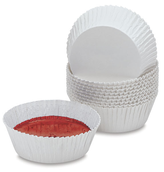 Open in modal - Richeson Paint Cups - 1 cup filled with red paint next to stack of empty cups