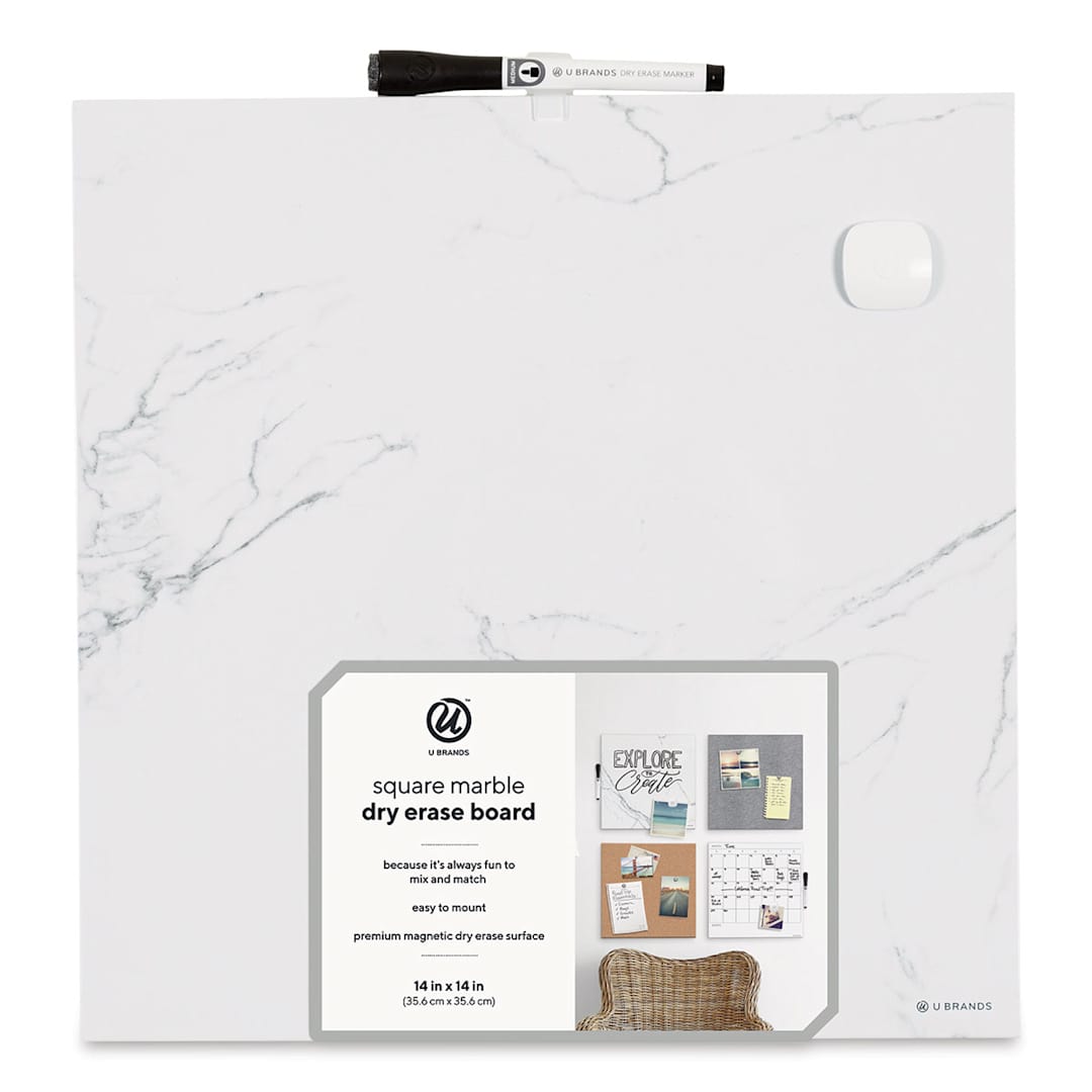 Open in modal - U Brands Dry Erase Tile Board - Front of package of Blank Marble board showing Marker and magnet