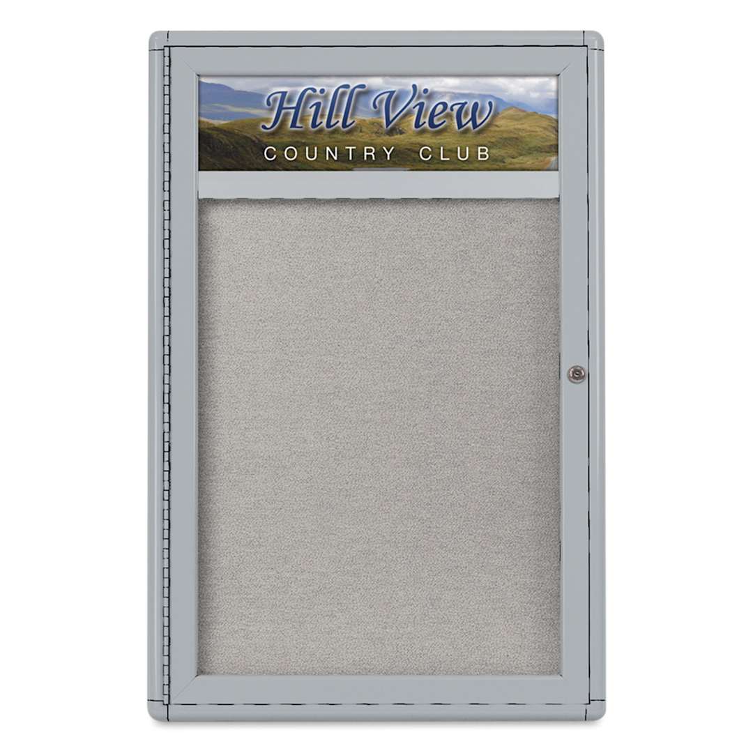 Open in modal - UVP Radius Enclosed Bulletin Tackboard - Gray, 24" x 36", 1 Door and Header