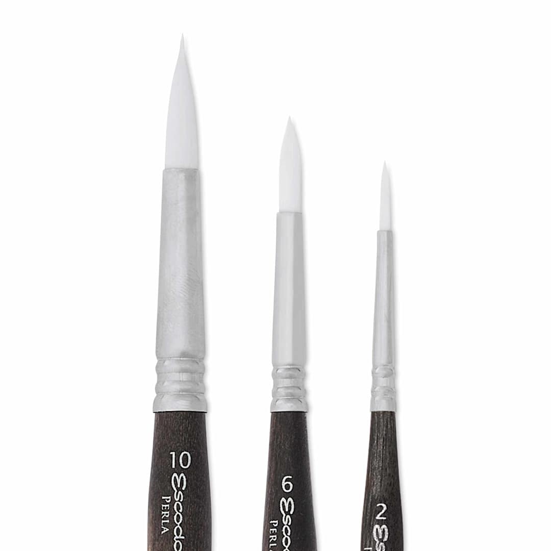 Open in modal - Escoda Perla Toray White Synthetic Travel Brushes - Set of 3, Round, close up
