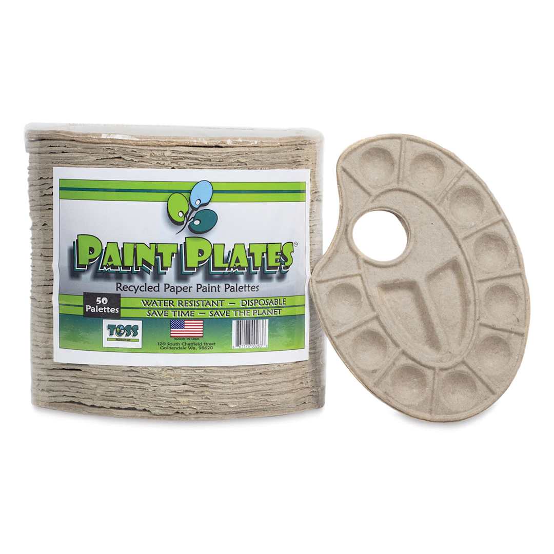 Open in modal - Toss Paint Plates Disposable Palettes - Front of Pkg of 50 plates with one separate