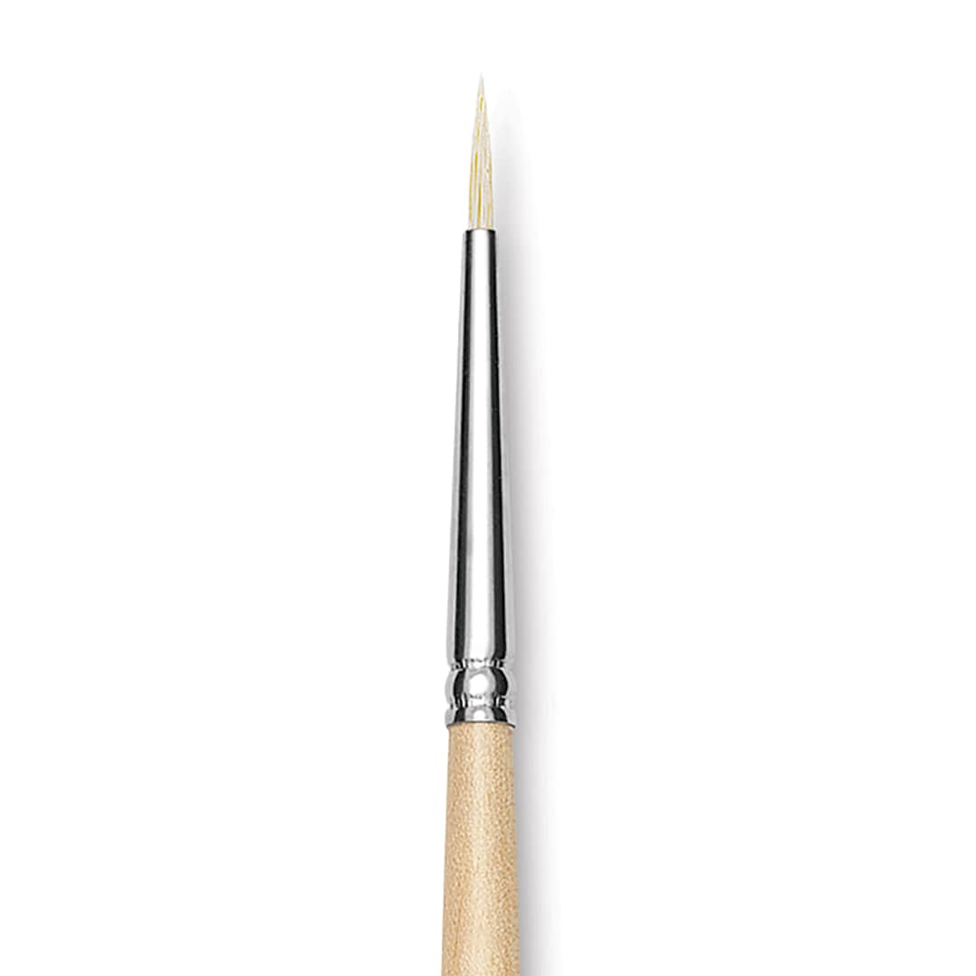 Open in modal - Utrecht Rhenish Pure Hog Bristle Brush - Round, Size 0, Long Handle, close up