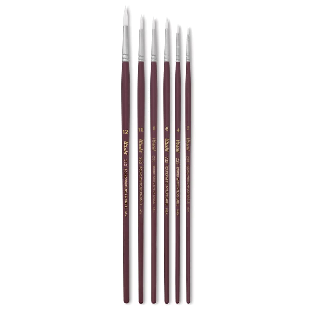 Open in modal - Utrecht Series 233 White Nylon Sable Round Brushes, group of six different sizes