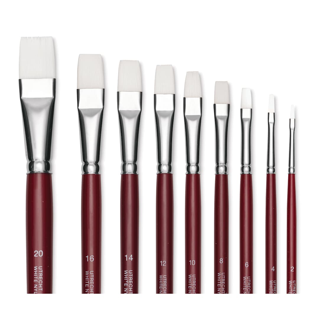 Open in modal - Utrecht Series 232 Synthetic White Nylon Sable Bright Brushes, close up of available sizes