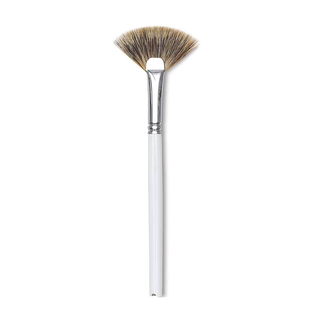 Open in modal - Bob Ross Synthetic Mongoose Brush - Floral Fan brush shown upright