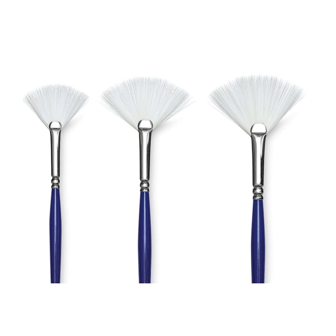 Open in modal - Blick Scholastic Wonder White Synthetic Brushes - Fan Set of 3, Long Handles. Brushes in row.