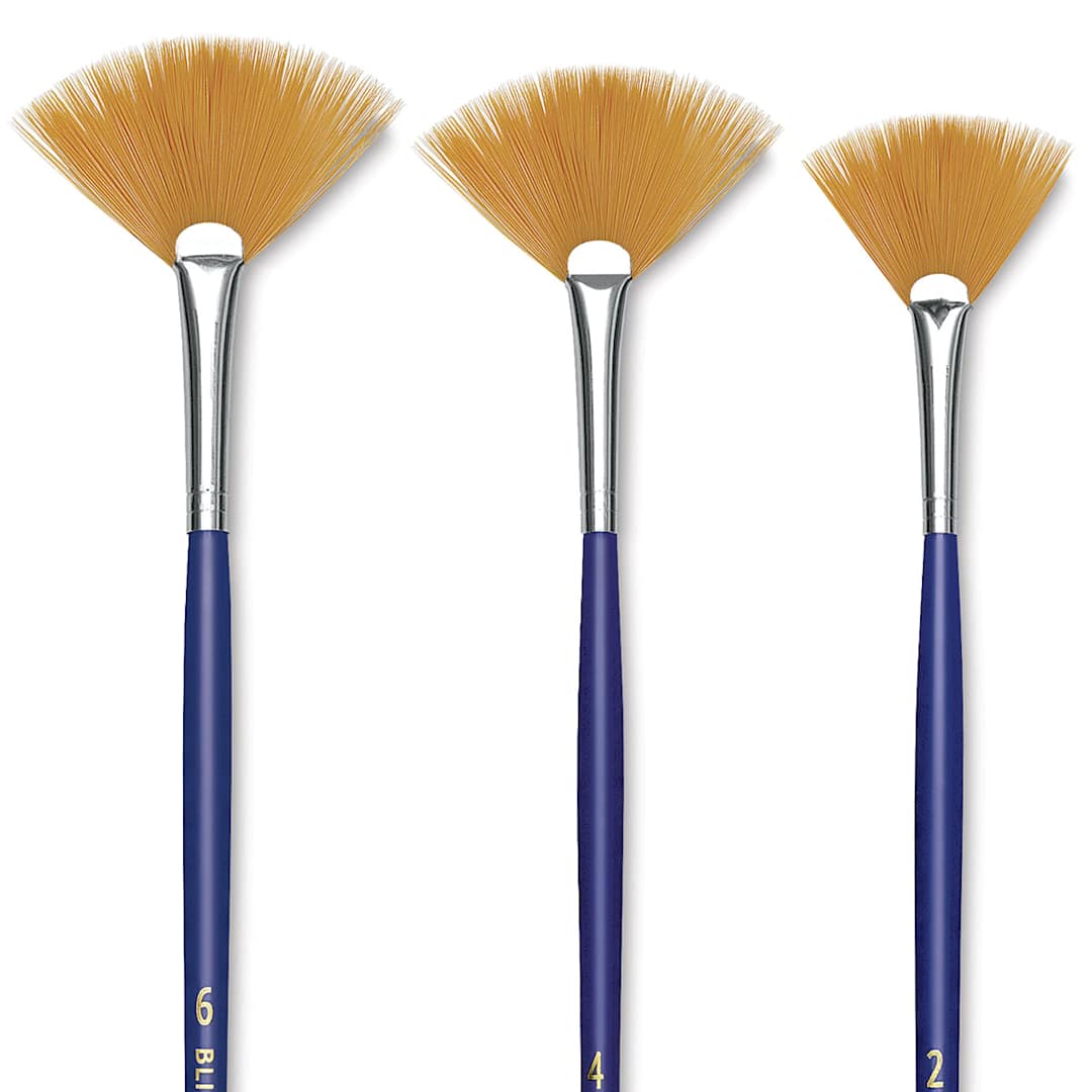 Open in modal - Blick Scholastic Golden Taklon Brush Set - Fan, Long Handle, Set of 3 close up
