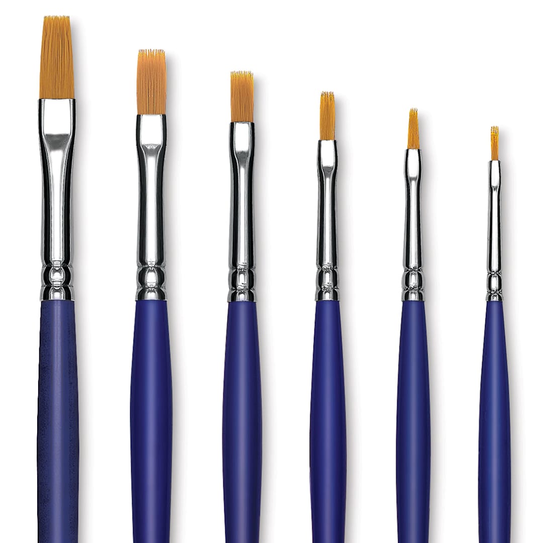 Open in modal - Blick Scholastic Golden Taklon Brush Set - Flat, Long Handle, Set of 6 close up