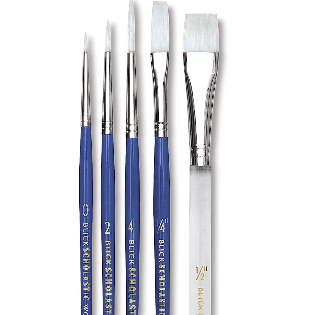 Open in modal - Blick Scholastic Wonder White Synthetic Brushes - Assorted Set of 5, Short Handle. Row of brushes.