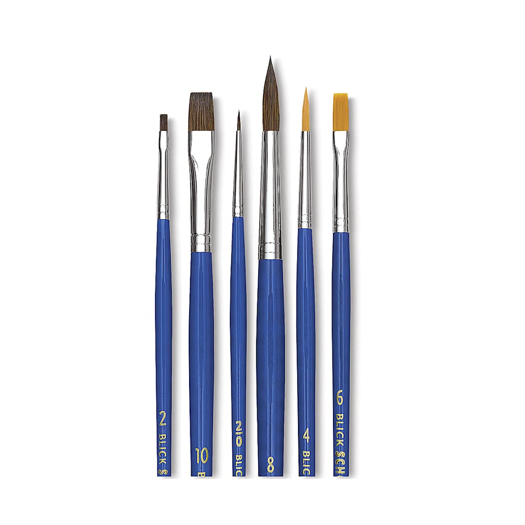 Open in modal - Blick Scholastic Sable and Taklon Set - Components of 6 pc set shown upright