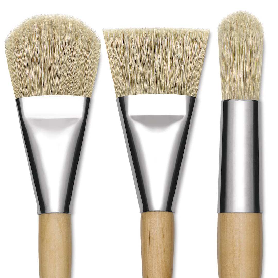 Open in modal - Blick Mega Natural Bristle Brushes - A closeup of Filbert, Flat and Round Mega brushes