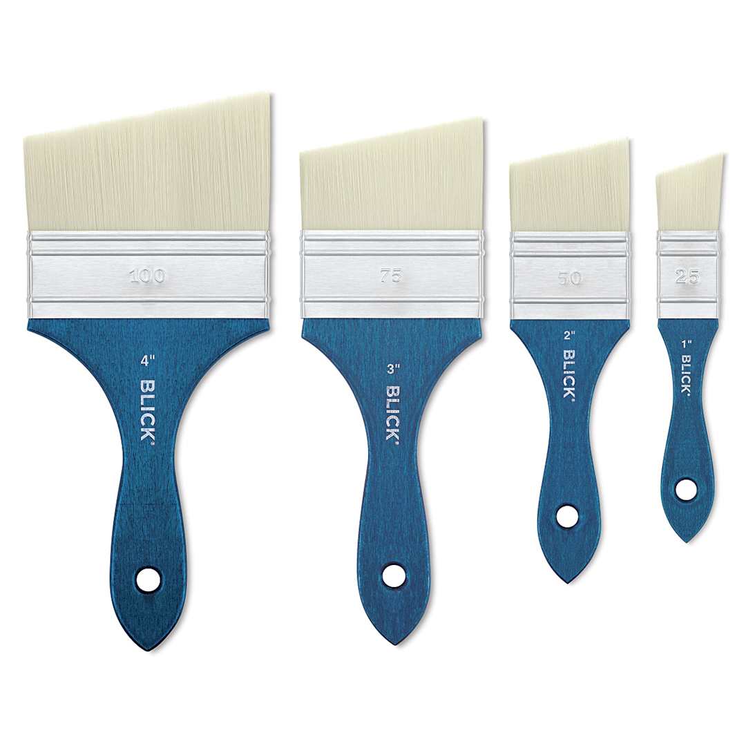 Open in modal - Blick Mottler Brushes - 4 sizes of Angular Mottler brushes shown upright