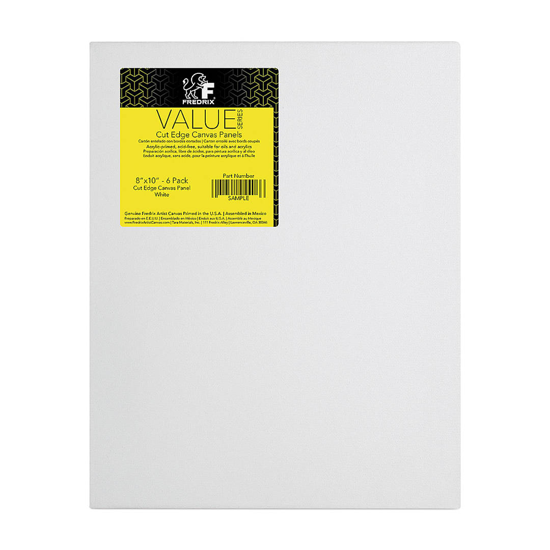 Open in modal - Fredrix Value Series Cut Edge Canvas Panels - Front view of pack of 6 White panels showing label
